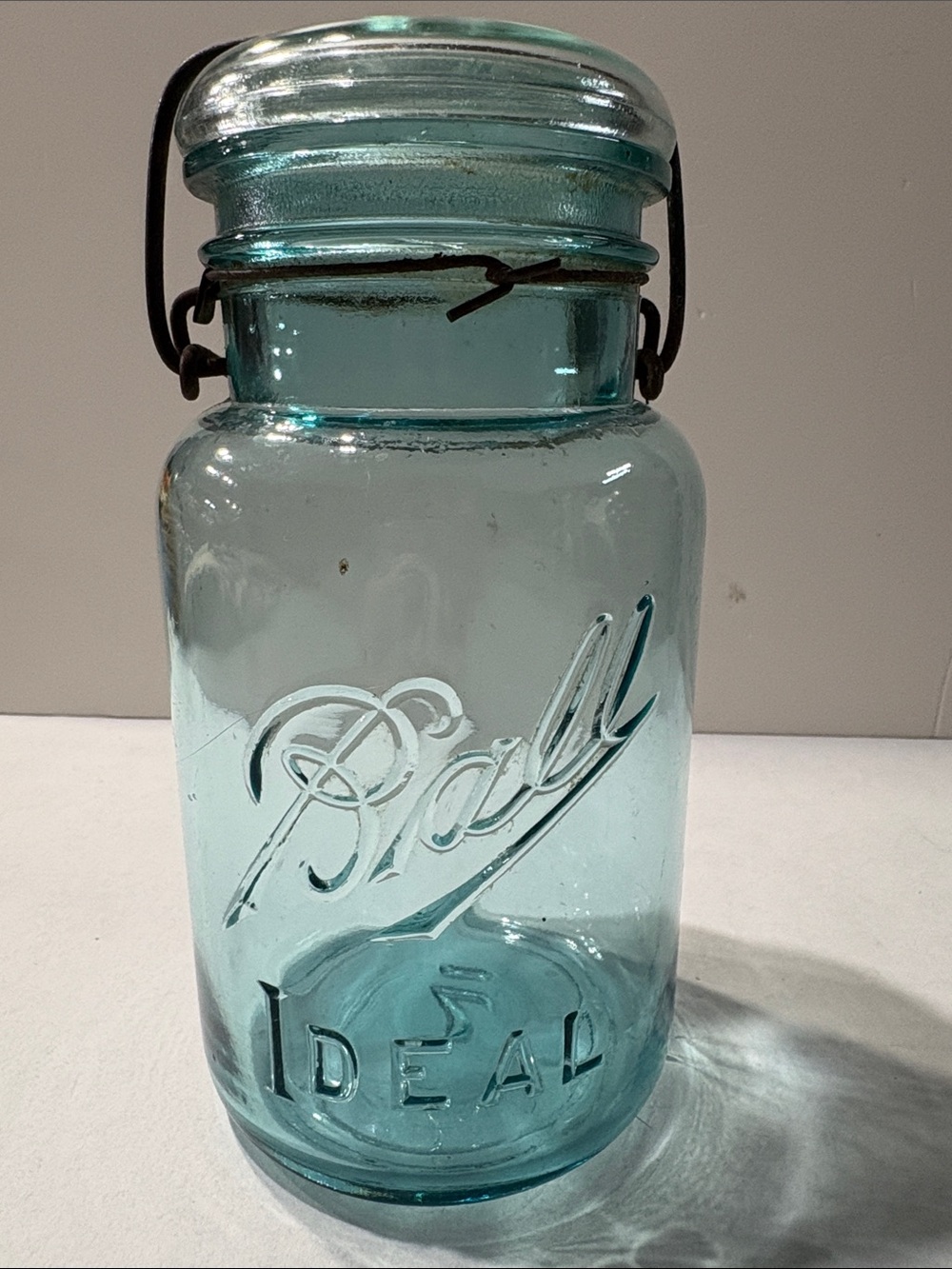 Ball Ideal blue Aqua Glass Canning Jar with Wire Bail Lid antique #2  1 quart